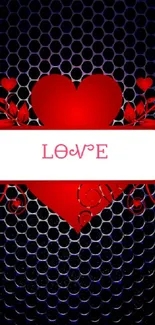 Red heart with love text on dark honeycomb background.