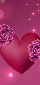 Mobile wallpaper with pink heart and roses.