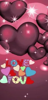 Romantic heart wallpaper with colorful love message.