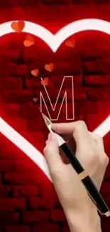 Romantic heart with initial 'M' on red brick background.