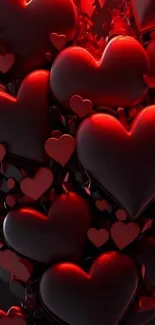 3D red hearts wallpaper with a romantic and glowing design.