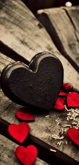 Rustic heart with red petals on wood.