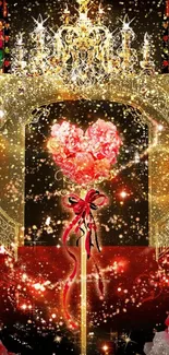 Romantic heart with golden chandelier and roses, perfect for mobile wallpaper.