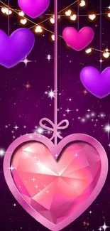 Vibrant pink and purple heart wallpaper with sparkling effects.