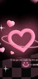 Neon pink heart with cosmic design on black background.