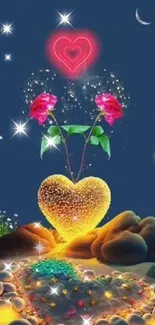 Romantic glowing heart with roses against a midnight blue sky.