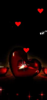 Romantic wallpaper with glowing red hearts against a black background.