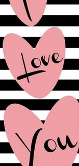 Romantic wallpaper with pink hearts and stripes.