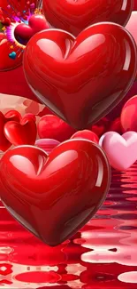 3D red heart wallpaper with water reflection.