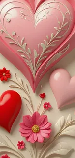 Romantic heart and floral mobile wallpaper.