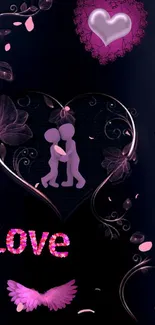 Romantic heart wallpaper with purple floral designs and love theme.