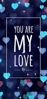 Romantic wallpaper with blue hearts and love message.