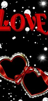 Romantic wallpaper with red hearts and love text on black background.