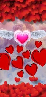 Mobile wallpaper with flying pink heart and red hearts on clouds.