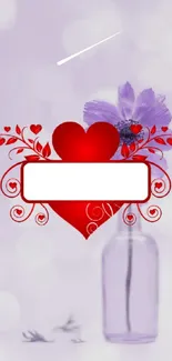 Romantic wallpaper with a red heart and purple flower.