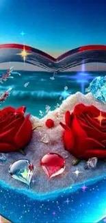 Heart-shaped wallpaper with red roses, sand, and ocean.