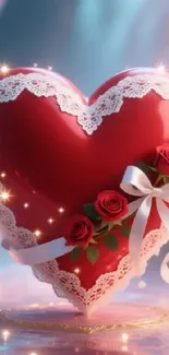 Romantic heart with lace and roses on wallpaper.