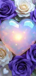 Glowing heart surrounded by purple and white roses.