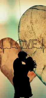 Romantic silhouette couple with wooden hearts and heartbeat on wallpaper.