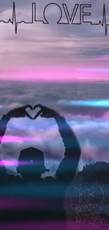 Silhouette heart hands with purple night sky background and heartbeat art.