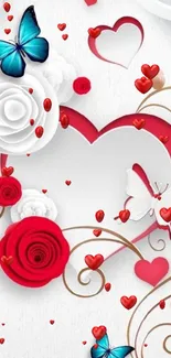 Romantic wallpaper with hearts, roses, and butterflies on a white background.