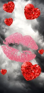 Red hearts and pink lip print on a cloudy background.