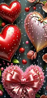 Beautiful romantic heart and floral mobile wallpaper design.