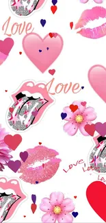 Romantic mobile wallpaper with pink hearts, lips, and flowers.