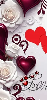 Romantic wallpaper with hearts and roses