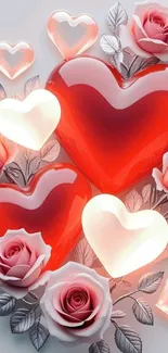 Red hearts and pink roses mobile wallpaper.