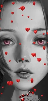 Grayscale portrait with red heart accents mobile wallpaper.