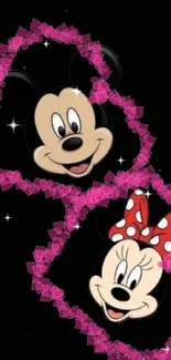 Cartoon characters with pink heart frames on a black background.