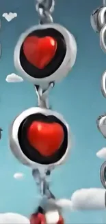 Chains with red hearts against blue sky backdrop.