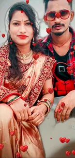 A couple surrounded by red hearts on a vibrant wallpaper.