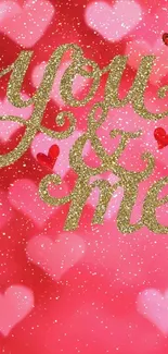 Romantic mobile wallpaper with hearts and gold text.