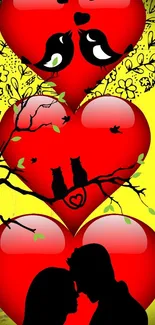 Romantic wallpaper with red hearts and silhouette couple.