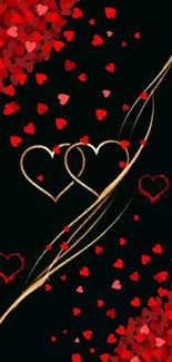 Romantic wallpaper with red hearts on a black background.