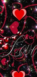 Romantic wallpaper with red hearts and elegant design.