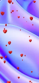 Romantic wallpaper with red hearts on a blue silk background.