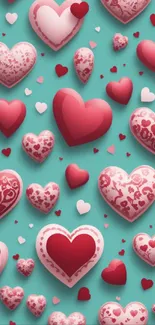 Vibrant wallpaper with red hearts on a teal background.