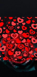 Romantic wallpaper with red hearts and a rose.