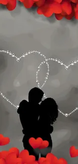 Silhouette couple with red hearts and sparkling outlines on grey background.