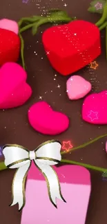 Heart-themed wallpaper with red and pink hearts and a white bow.