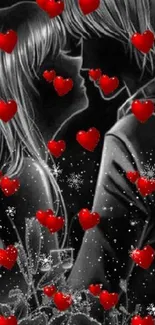 Romantic wallpaper with red hearts and black-and-white couple.