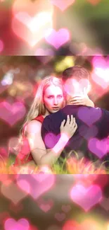 Romantic couple embraced with glowing pink hearts.