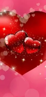 Romantic wallpaper with glowing red hearts on a pink background.