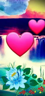 Romantic wallpaper with pink hearts and a colorful waterfall scene.