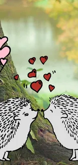 Cute hedgehogs with hearts in forest setting for wallpaper.