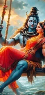 Shiva and Parvati on a swing in vibrant colors.