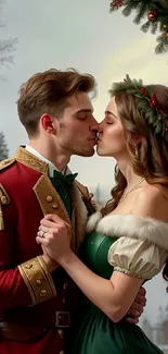 Romantic holiday couple kissing under festive arch in winter landscape.